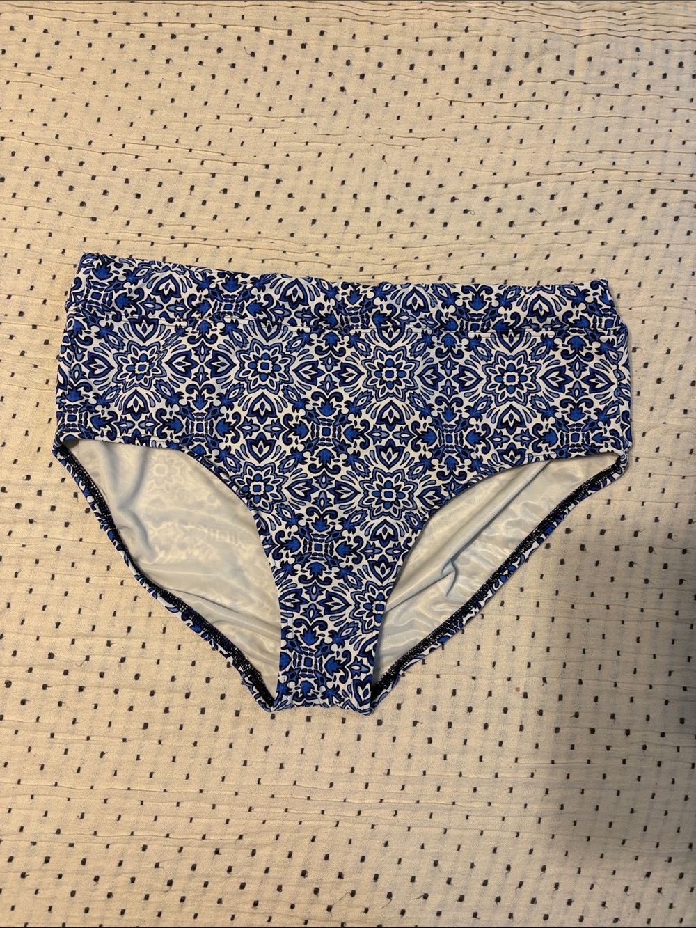 Lands' End Blue and White Printed High-Waist Bikini Bottoms